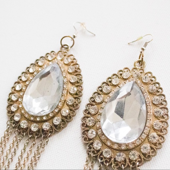 Vintage 60’s/70’s Tear Drop Drop & Dangle Chain Rhinestone Statement Earrings - Picture 5 of 8